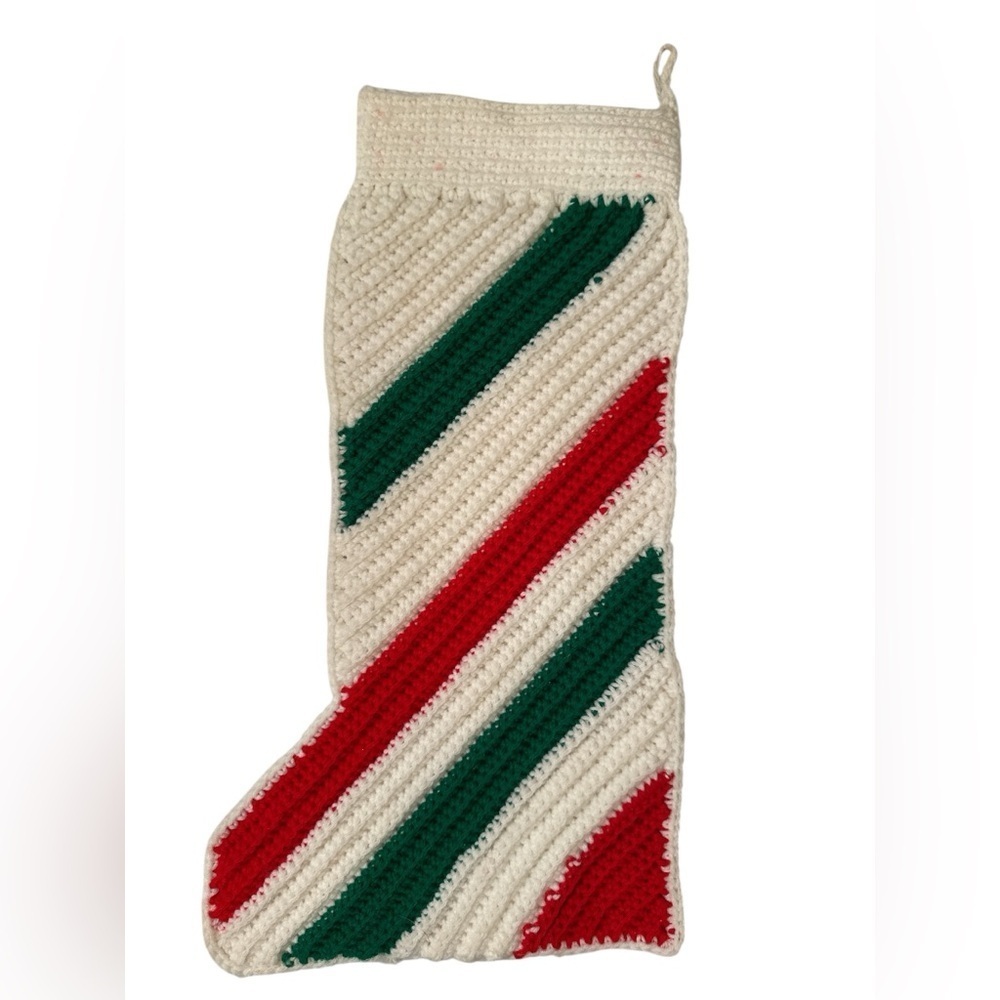 Vtg 80's Handmade Crocheted Christmas Stocking Striped Red Green White 19" Long
